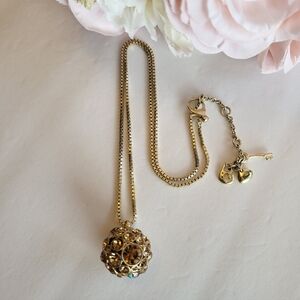 Fossil Necklace Round Drop Pendant Topaz Tone Crystals Charm Tag Goldtone 18"